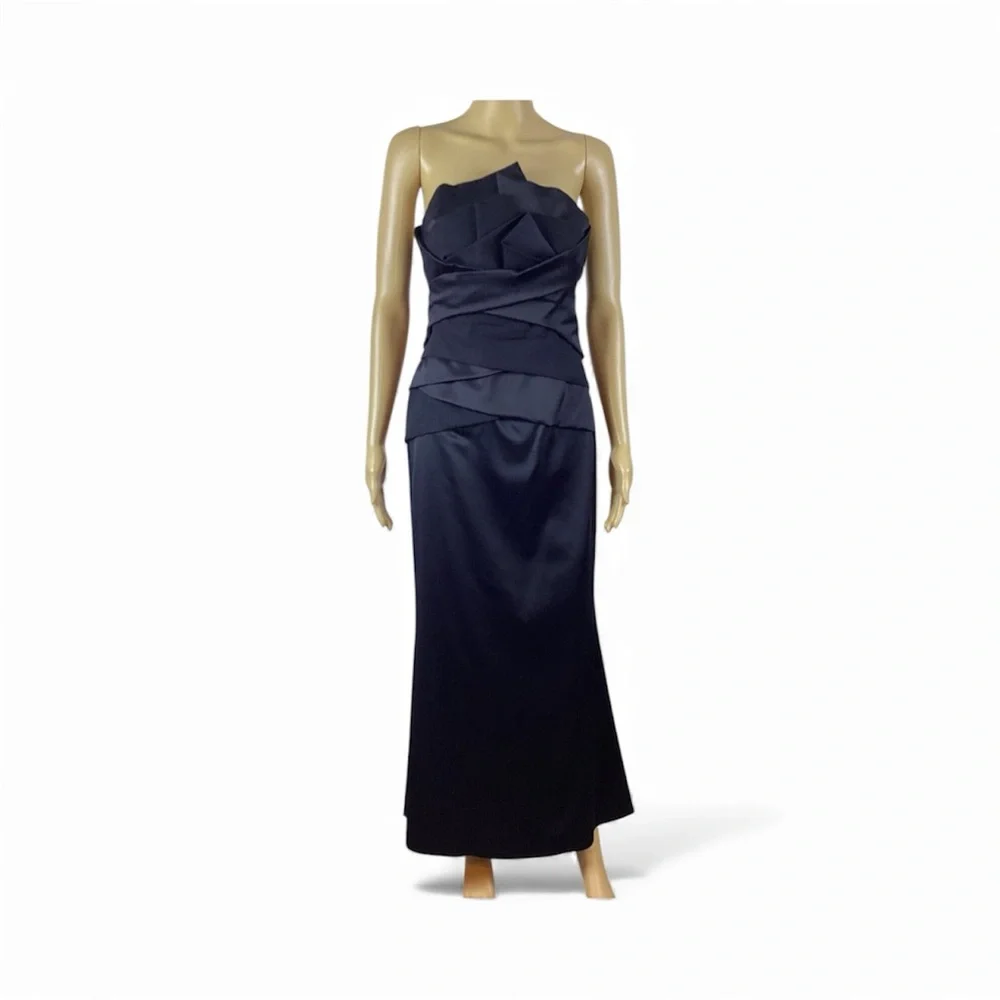 Coast Women’s Black Satin Strapless Evening Long Dress Front Modern Ruffles 8